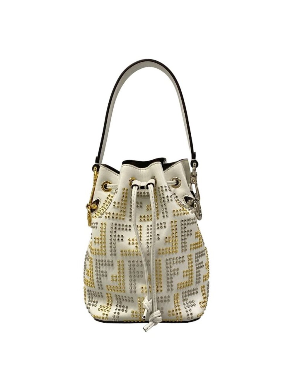 Fendi Handbag Mini Mon Tresor Zucca Pattern White Gold Silver Studs Leather